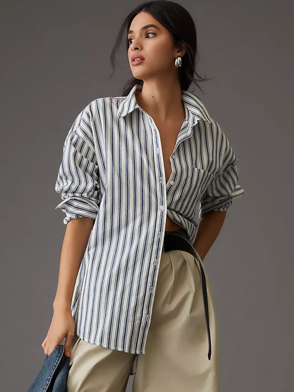 ANTHROPOLOGIE XSP Maeve Bennet Buttondown Shirt • Dark Blue Stripe XS Petite